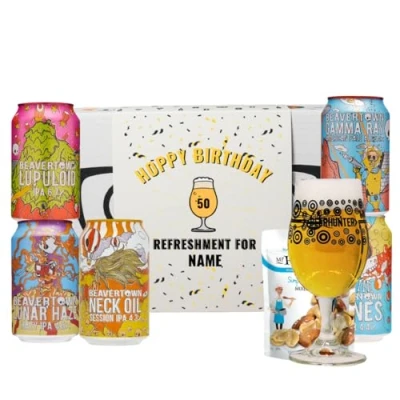 Image of Beer Hunter Personalised Birthday Beavertown Craft Gift Set Box with Glass IPA, Pale Ale, Lager (5 x 330ml Cans)