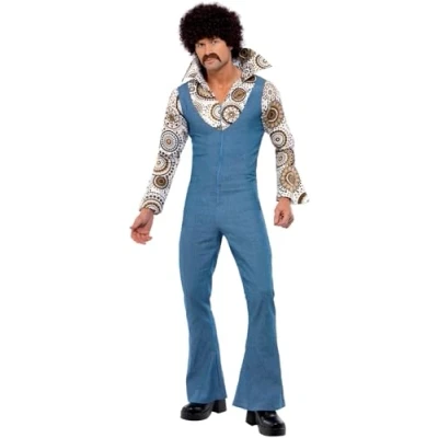 Image of Smiffys Groovy Dancer Costume, Blue Jumpsuit with Attached Mock Shirt, 1970&#039;s Disco Fancy Dress, Adult Dress Up Costumes