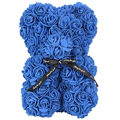 Image of FeiWen Rose Flower Bear 10 inch Teddy Artificial Flowers Gift for Mothers Day, Valentines Anniversary &amp; Bridal Showers (blue)