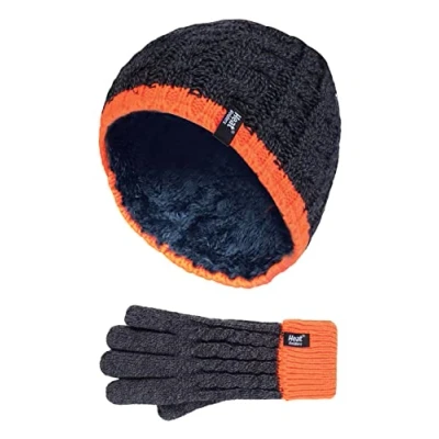 Image of HEAT HOLDERS Boys Kids Cable Knit Warm Fleece Lined Thermal Winter Hat and Gloves Set (7 10 Years, CO1P7)