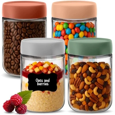 Image of HEFTMAN Overnight Oats Jars with Lids 4 Pack 600ml Jar Airtight, Colourful Screw Food Safe Glass Breakfast Pots for Yogurt, Chia Pudding 21oz, Reusable (4 PCS)
