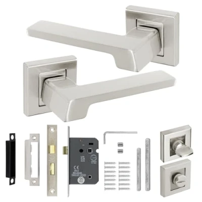 Image of Decoranddecor Brushed Chrome Door Handles &amp; Bathroom Lock Kit Lever On Solid Metal Square Rose