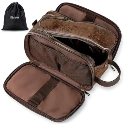 Image of Water Resistant Leather Toiletry Bag for Men, Women Large Travel Wash Shaving Dopp Kit Bathroom Gym Toiletries Makeup Organizer with Free Wet Dry (Chocolate)
