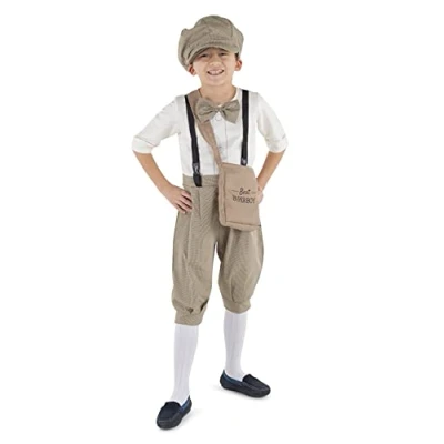 Image of Dress Up America News Boy Costume For Kids Vintage Paperboy Set Newsie Jumpsuit, Cap, and Bag