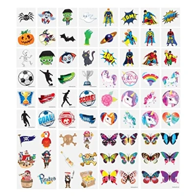 Image of Temporary Tattoos for Kids : Unicorn, Football, Pirate, Dino Etc. Birthday, Christmas, Easter, Halloween, Festive Party Bag Filler Small Toys Children&#039;s Assorted Design (6 Pack of 12 = 72pc)