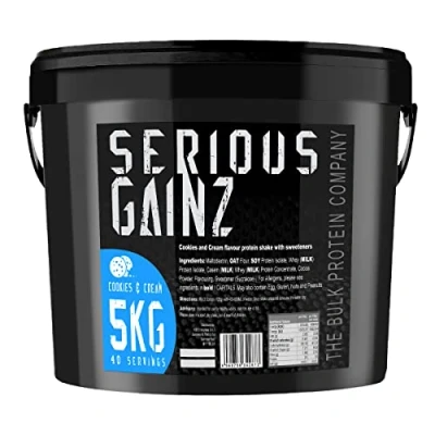 Image of The Bulk Protein Company, SERIOUS Gainz Whey Powder Weight Gain, Mass Gainer 30g Powders (Cookie &amp; Cream, 5kg)