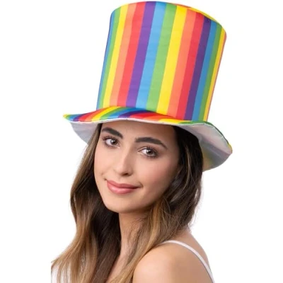 Image of Smiffys Deluxe Pride Rainbow Stripe Top Hat, Rainbow/Gay Items Fancy Dress, Adult Dress Up Accessories