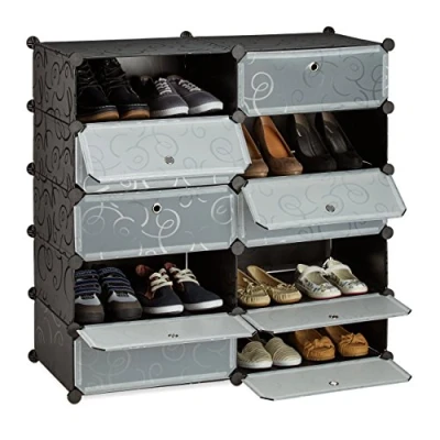 Image of Relaxdays 10 Tier Shoe Rack, Large Cabinet, Plastic Organizer, Space Saver, H x W D: app. 90 94 x37 cm, Black