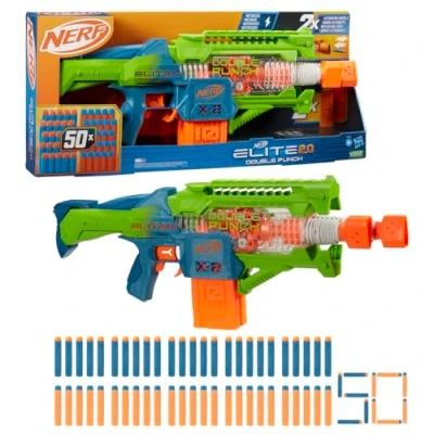 Image of Nerf Elite 2.0 Double Punch Motorised Dart Blaster Toy for Kids Rapid Alternating Barrels with 50 Foam Darts Clip Blasting Outdoor Games Gift Idea 8+ Year Old Boys and Girls