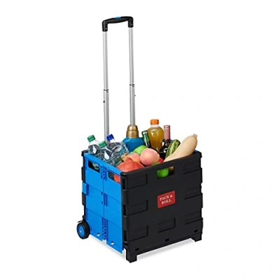 Image of Relaxdays Folding Shopping Trolley, Telescopic Handle, 2 Rubber Wheels, Transport Cart, Aluminium, Blue, 98 x 45.5 37 cm