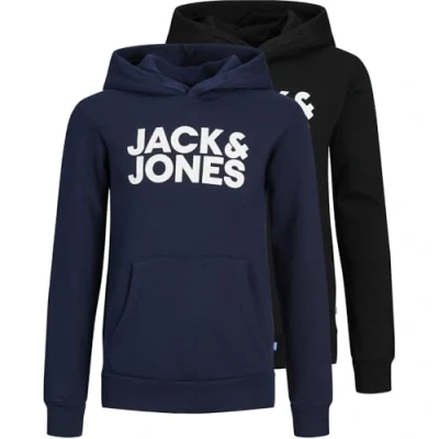 Image of JACK &amp; JONES JUNIOR Boy&#039;s Jjecorp Logo Sweat Hood 2pk Mp Jnr Sweatshirt, black/pack:w navy large, 8 Years