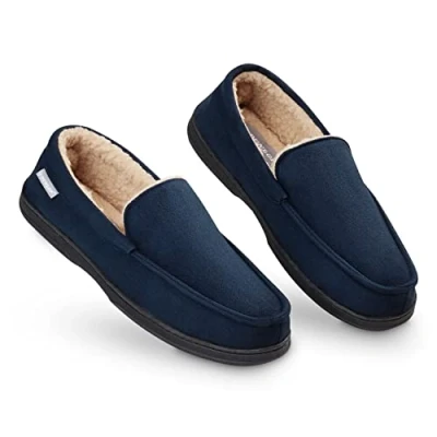 Image of DUNLOP Moccasins Slippers Men Loafers Faux Fur Rubber Sole Memory Foam House Indoor Shoes Gifts For (Navy, 12 UK)