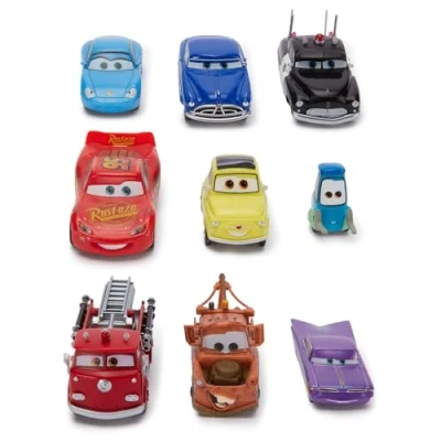 Image of Disney Store Official Cars (Pixar) Toy Figure Set, 9 Toys including Lightning McQueen, Mater, Sally, Ramone, Red, Sheriff, Doc, Luigi &amp; Guido, Suitable for Age 3+