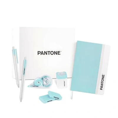 Image of PANTONE™ Pastel Gift Box School Supplies with 2 Black Ballpoint Pens Pen Tip 0.7 mm, 1 Notebook, Eraser Pieces, Sharpener Tin and Correction Roller 10 Metres, Aesthetic Stuff