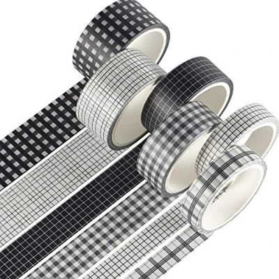 Image of YUBX 6 Roll Washi Tape Set VSCO Decorative for DIY Crafts, Bullet Journals, Planners, Scrapbooking, Wrapping (Black Plaid)