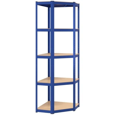 Image of vidaXL 5 Layer Corner Shelf Industrial Blue Steel and Engineered Wood, Adjustable Shelves Sturdy, Moisture Resistant Storage Rack, 375kg Load Capacity