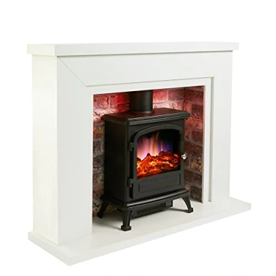 Image of Endeavour Fires Farlington Electric Fireplace, Black Log Burner Stove in 48’’ Off White Surround, LED Downlights with Remote Control (White Top/Rustic Brick)