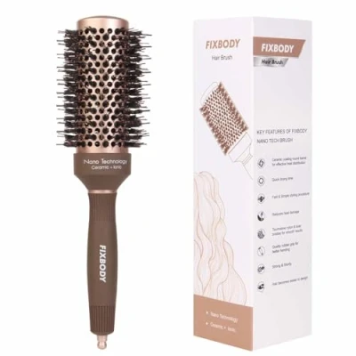 Image of FIXBODY Round Barrel Hair Brush with Boar Bristles, Nano Thermal Ceramic Coating &amp; Ionic Tech for Drying, Styling, Curling, Straightening (3 Inch, 1.7 Inch)