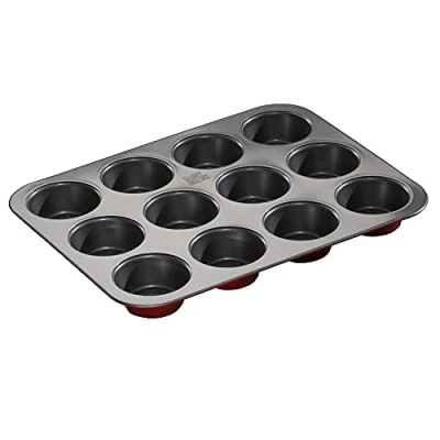 Image of Hairy Bikers Bakeware, 12 Cup Muffin Tray, Non Stick, Dishwasher Safe, Red