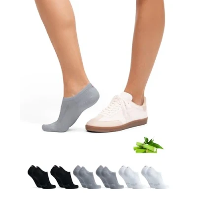 Image of DANISH ENDURANCE 6 Pack Bamboo No Show Trainer Socks, Non Slip Silicone Heel, Men and Women, Multicolour (2x Black, 2x Grey, White), 8