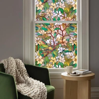 Image of Artscape Magnolia Window Privacy Film Stained Glass Pattern Non Adhesive &amp; UV Protection Easy to Apply Removable 61 x 92 Centimetres Made in USA