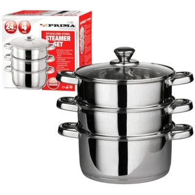 Image of HomeVibe 24 cm Prima Steamer Set 4 Piece Stainless Steel 3 Tier Pot with Glass Lid Capsulated Bottom for Healthy Cooking Ideal Vegetables, Chicken, Meat &amp; Fish
