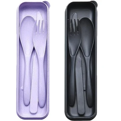 Image of Portable Cutlery Set with Case, 2 Sets Reusable Plastic Knife Fork Spoon Tableware Set, Travel Utensils for Camping Picnic Office School or Daily Use (Black+Purple)