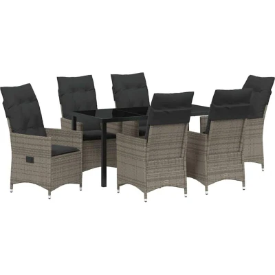 Image of vidaXL 7 Piece Garden Dining Set with Cushions Grey Poly Rattan