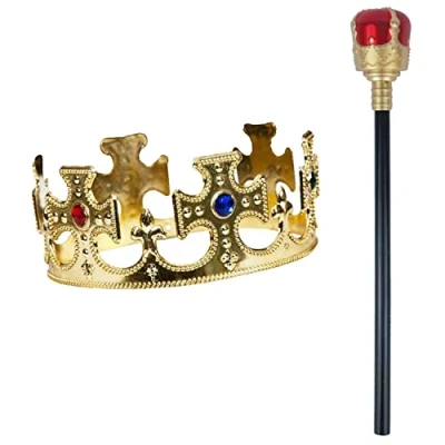Image of Lizzy King Costume Accessory Reusable Royal Queen Gold Crown + Sceptre Fancy Dress Stag Hen Party (Gold King&#039;s &amp; Sceptre)