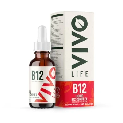 Image of Vivo Life Vitamin B12 Complex, High Potency Health Supplement, Orange Flavour Liquid Drops, 60ml, 60 Servings