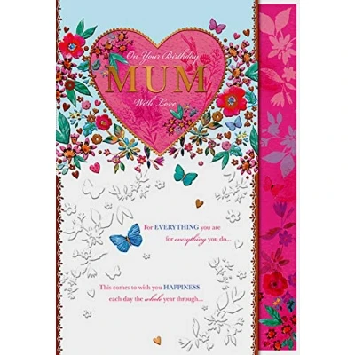Image of Thinking of You! Words n Wishes Mum Birthday Card Beautiful Floral and Butterfly Design Attractive Embossed Foil Finish For Her (WW R023),Multi,186 x 266mm
