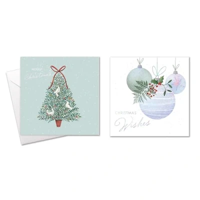 Image of Tallon Pack of 10 Assorted Christmas Cards Xmas Tree and Bauble Theme, 2 Designs, Iridescent Foil Finish, Eco Friendly Packaging 100% Recyclable, 14cm x
