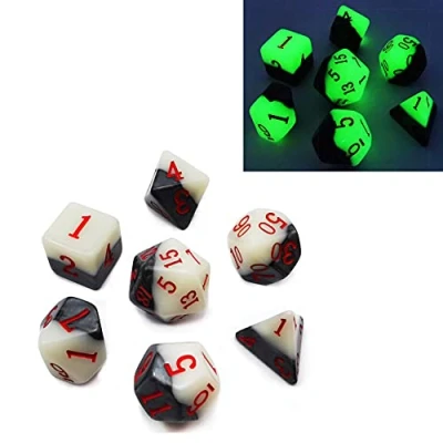 Image of Bescon Two tone Glowing Polyhedral Dice 7pcs Set Green Dawn, Luminous RPG d4 d6 d8 d10 d12 d20 d%, Brick Box Packaging