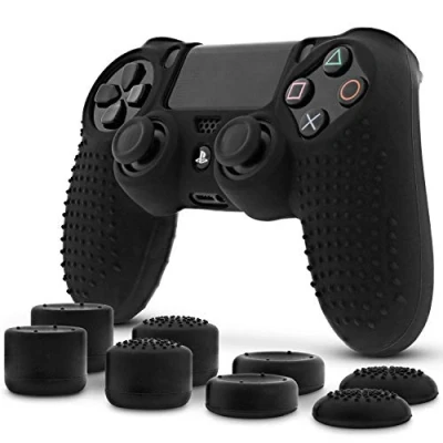 Image of Fosmon PS4 Controller Skin with 8 Thumb Grips, Anti Slip Silicone Grip Cover Protector Case Compatible Sony Playstation SLIM/PRO 4 DualShock (Black)