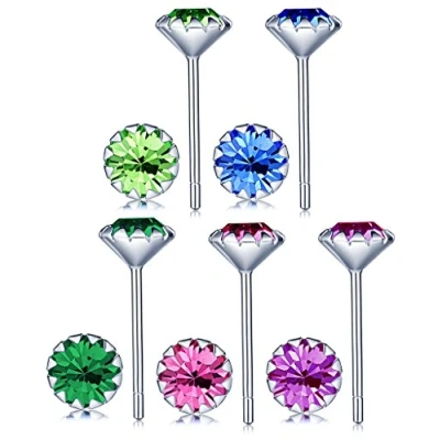 Image of Infinite U 5 Pairs 925 Sterling Silver 5mm Multicolor Cubic Zirconia Ear Studs Earring Set Earbob for Women/Girls