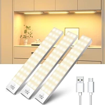 Image of OUILA Motion Sensor Cabinet Light, 3000K USB Rechargeable 1000mAh Under Lights Wireless Night Light 36LED Wardrobe for Stairs, Bedroom, Hallway, Kitchen, WC 3 Packs