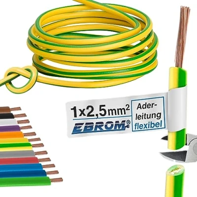 Image of Single Core Flexible PVC cable H07V K 2.5 mm², Colour Green, Yellow, Choose from 10 m / 15 20 25 30 35 40 45 50 55 60 to 100