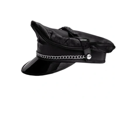 Image of N? Genuine Leather Black Army Muir Biker Peaked Police Cap Strap Chain (Large)