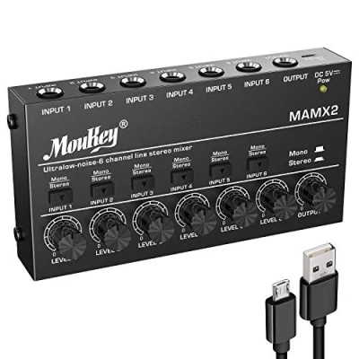 Image of Moukey Ultra Low Noise 6 Channel Line Mixer for Sub Mixing, DC 5V Stereo Mini Audio Mixer, Ideal Small Clubs or Bars, Guitars, Bass, Keyboards Stage MAMX2