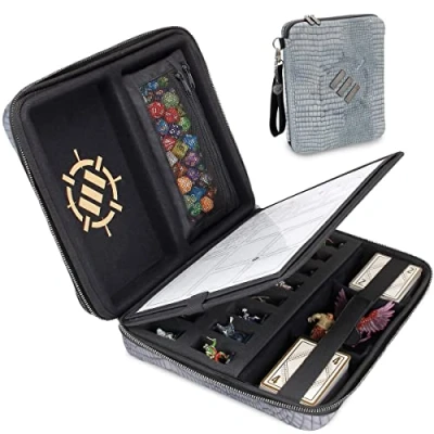 Image of ENHANCE Collector&#039;s Edition RPG Organizer Case DND Binder with Built in Character Sheet Holder and Erasable Scribe Panel, Dice Rolling Area, Removable Pen Pouch, Miniature Foam Tray (Dragon Silver)