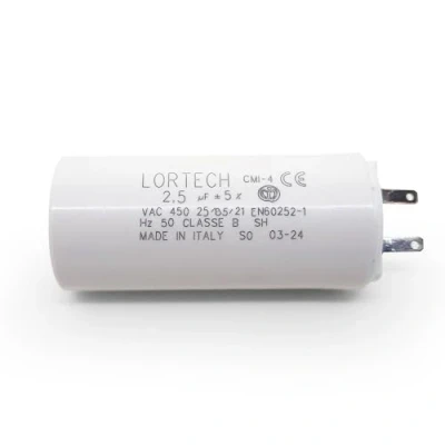 Image of LORTECH 2.5 µF Capacitor, Round, 2.8 mm Terminals, Sold in Packs of 3, 8 m Screw, 12 24 volts DC, Max