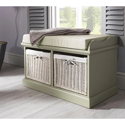 Image of Tetbury sage Green bench with 2 White baskets. Fully assembled storage in lovely colour. Very Sturdy