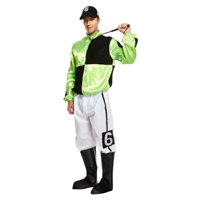 Image of HENBRANDT Adult Men’s Green and Black Horse Jockey Outfit with Peaked Hat Boot Covers Sports Fancy Dress Costume Racing Up One Size Mens