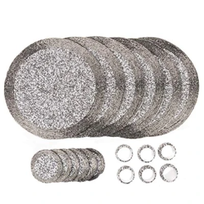 Image of Penguin Home Handcrafted Glass Beaded Round Placemats, Coasters &amp; Napkin Rings Set of 18 Handmade Table Place Mats for Dining 32 cm (13&quot;) Diameter (Silver)