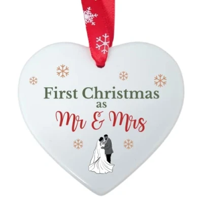 Image of Second Ave First Christmas as Mr &amp; Mrs Ceramic Hanging Heart Xmas Tree Decoration Bauble Wedding Gift