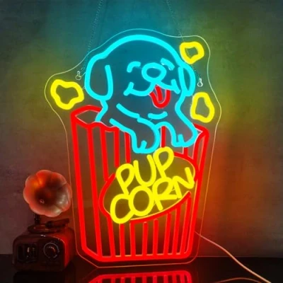 Image of Looklight Dog Popcorn Neon Sign Cinema Led Signs for Wall Decor Movie Room light Up Time Dimmable USB Lights Film Party Business