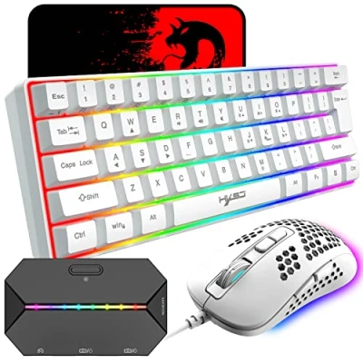 Image of 60% Wired Compact Gaming Keyboard 61 Keys 11 RGB Backlight Full Anti ghosting + Lightweight Mouse 2400DPI Honeycomb Optical Converter Adapter for PS4/Xbox Gamers (White)