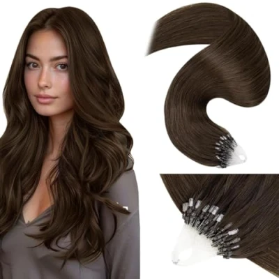 Image of LaaVoo Micro Beads Ring Hair Extensions Dark Brown Loop 16 Inch 50 Strands 50g Remy Straight Real Human #4