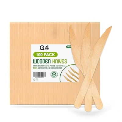 Image of G4GADGET 100x Wooden Knives Disposable Biodegradable Birch Wood Utensils for Parties, Picnics, Weddings, BBQs, and Events