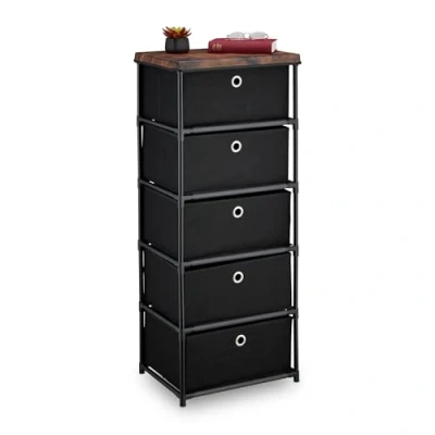Image of Relaxdays Dresser Storage Unit, 5 Fabric Drawers, Metal, Wood Effect, 105x43x33 cm, Side Table, Organiser, Black/Brown, Steel